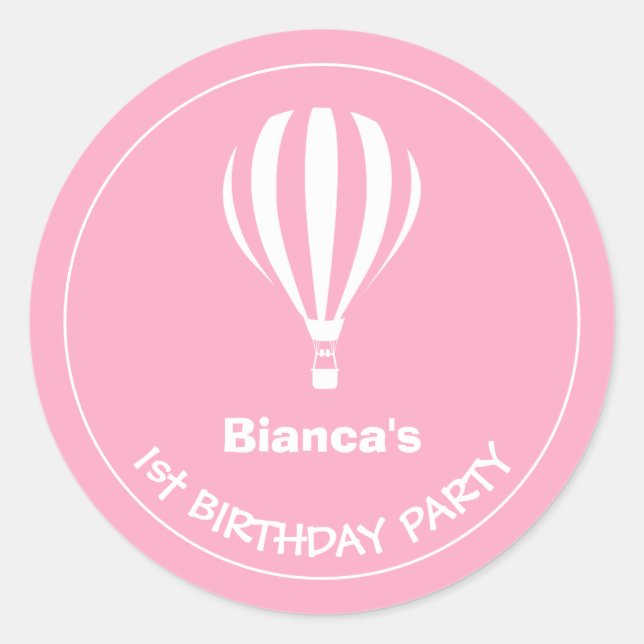 1st Birthday Pink and White Hot Air Balloon Classic Round Sticker (Front)
