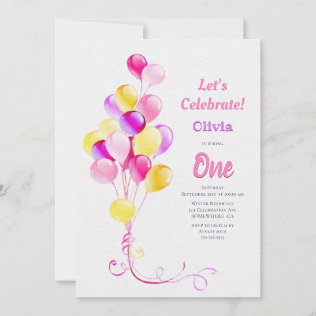 1st Birthday Pink Balloon Party Invitation (Front)