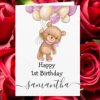 1st birthday pink balloon teddy girl card