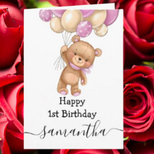 1st birthday pink balloon teddy girl card