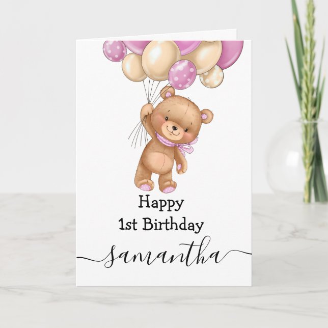 1st birthday pink balloon teddy girl card (Front)