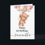 1st birthday pink balloon teddy girl card<br><div class="desc">1st birthday pink balloon teddy girl card
sweet baby teddy personalised baby card for a little girl.  Click the "Customise it!" button to change the text size,  text colour,  font style and more!</div>