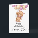 1st birthday pink balloon teddy girl card<br><div class="desc">1st birthday pink balloon teddy girl card
sweet baby teddy personalised baby card for a little girl.  Click the "Customise it!" button to change the text size,  text colour,  font style and more!</div>