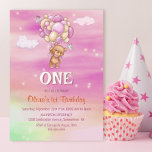 1st Birthday Pink Balloons Teddy Bear  Invitation<br><div class="desc">Invite friends and loved ones to celebrate your daughter’s 1st birthday with this cute teddy bear holding pink balloons while floating through a starry sky birthday party invitation.</div>