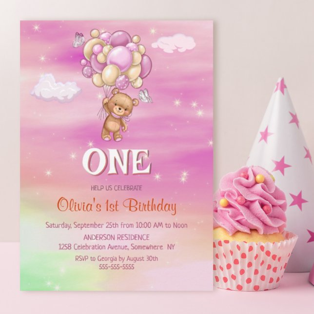 1st Birthday Pink Balloons Teddy Bear  Invitation (Creator Uploaded)