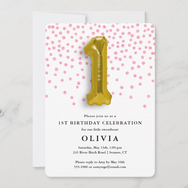1st Birthday Pink Confetti and Gold Balloon Invitation (Front)