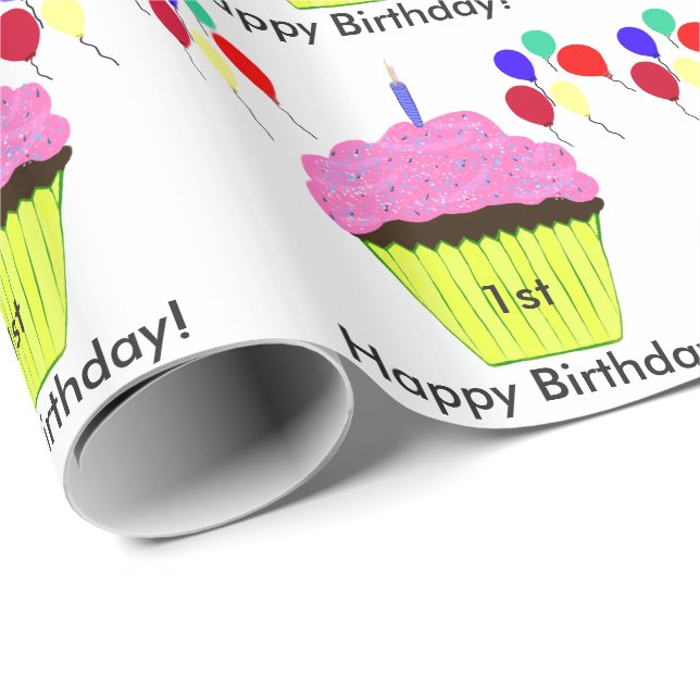 1st Birthday Pink Cupcake Balloons Personalise AGE Wrapping Paper (Roll Corner)
