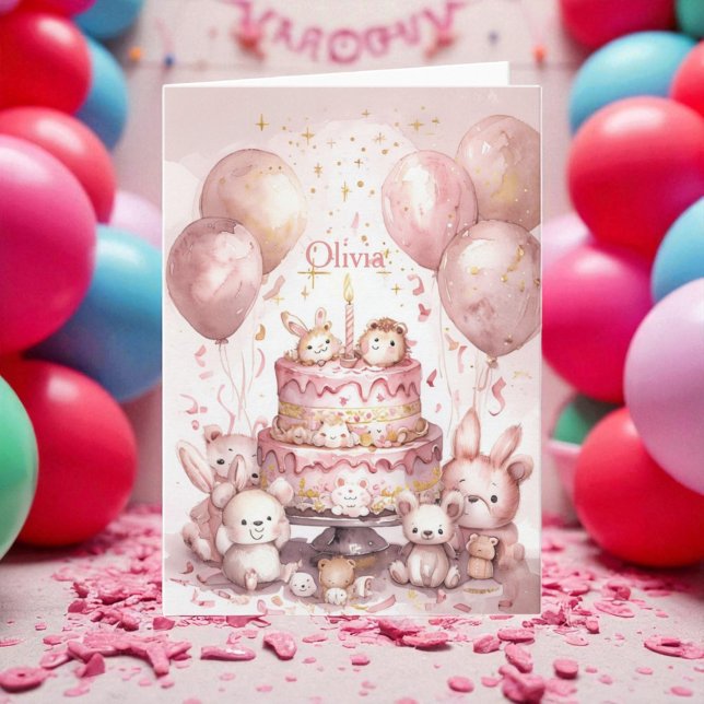 1st Birthday Pink Cute Animals Girl Name Card (Creator Uploaded)