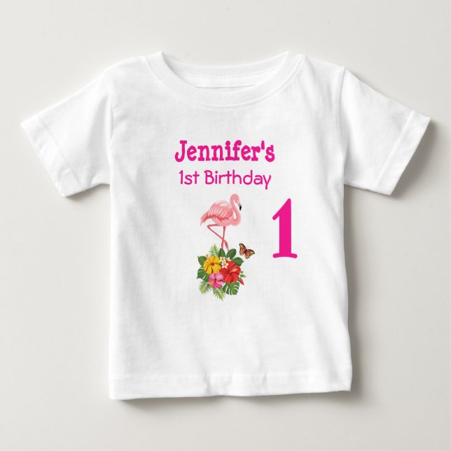 1st Birthday Pink Flamingo & Tropical Hibiscus Baby T-Shirt (Front)