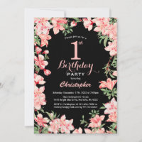 1st Birthday Pink Floral Flowers Black Background