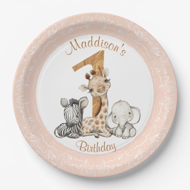 1st Birthday Pink Girl Safari Paper Plate (Front)