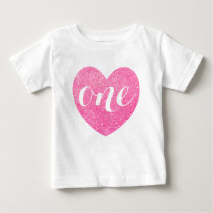 1st Birthday Pink Glitter Heart-Print Personalised Baby T-Shirt