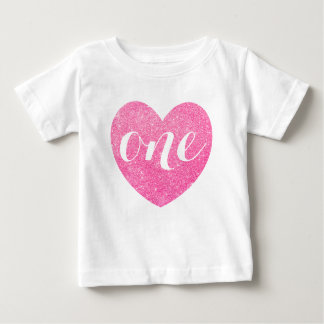1st Birthday Pink Glitter Heart-Print Personalised Baby T-Shirt