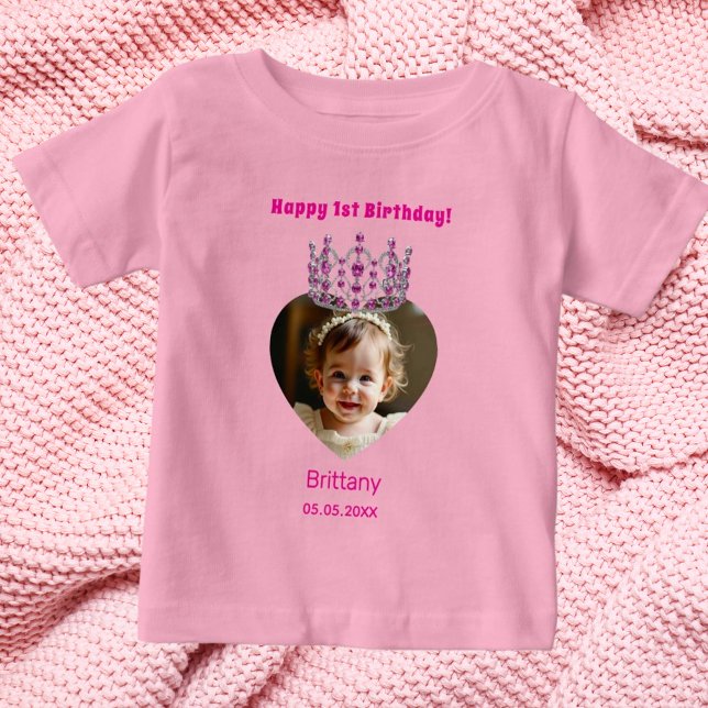 1st Birthday pink name photo tiara baby girl Baby T-Shirt (Creator Uploaded)