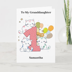 1st Birthday Pink One Cats Balloons Granddaughter Card
