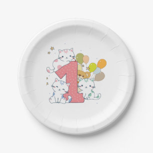 1st Birthday Pink One Cats Balloons Paper Plate