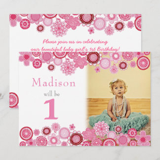 1st Birthday Pink Party Invitation Photo Card