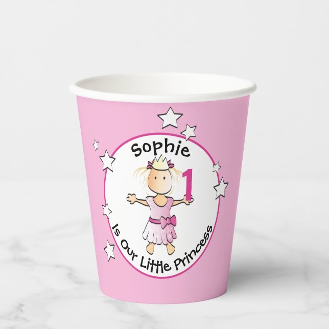 1st Birthday PInk Princess Cartoon Cute Party Paper Cups (Front)