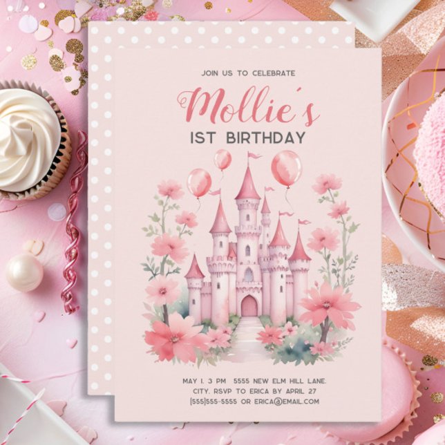 1st Birthday Pink Princess Castle Balloons Invitation (Cute pink princess castle little girl's 1st birthday party invitation)
