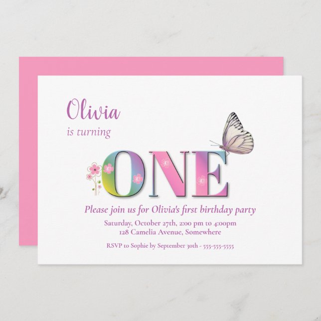 1st Birthday Pink Rainbow Flowers & Butterfly Part Invitation (Front/Back)
