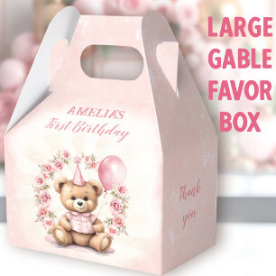 1st Birthday Pink Roses Cute Bear Large Gable Favour Box