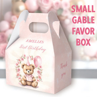 1st Birthday Pink Roses Cute Teddy Bear Favour Box