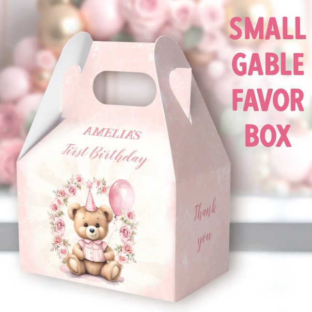 1st Birthday Pink Roses Cute Teddy Bear Favour Box (Bear Roses Small Gable Favor Boxes - You can choose from 3 sizes of these gable favor boxes)