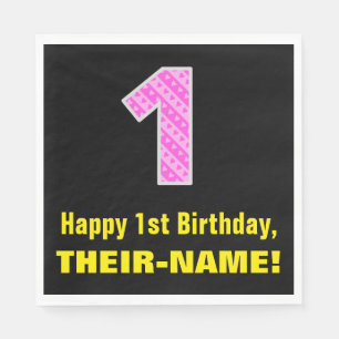 1st Birthday: Pink Stripes and Hearts "1" + Name Napkin