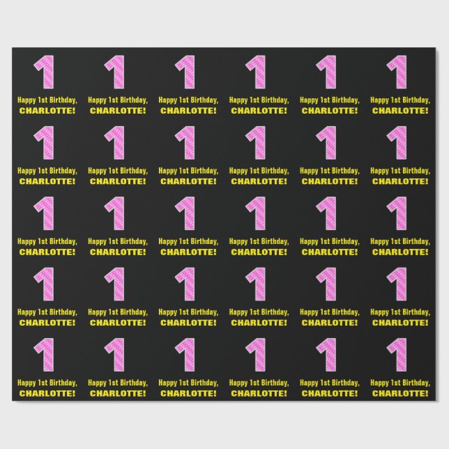 1st Birthday: Pink Stripes and Hearts "1" + Name Wrapping Paper (Flat)