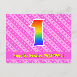 1st Birthday: Pink Stripes & Hearts, Rainbow 1 Postcard