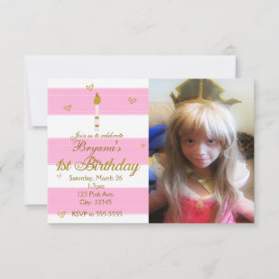 1ST BIRTHDAY Pink White & Gold Photo Invitation