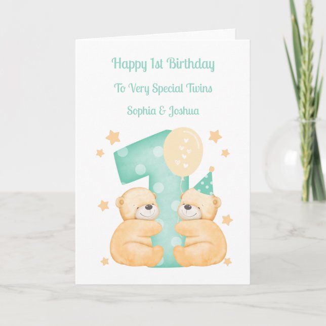 1st Birthday Polka Dot Teddies Twin Birthday Card (Front)