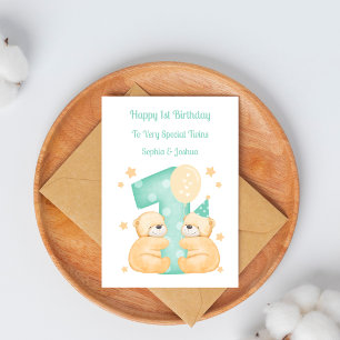 1st Birthday Polka Dot Teddies Twin Birthday Card