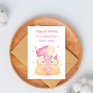 1st Birthday Polka Dot Teddies Twin Girls Card