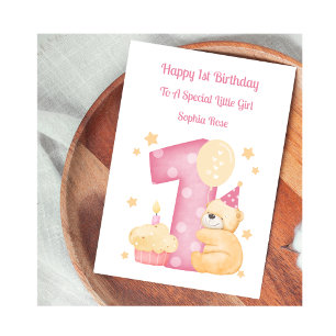 1st Birthday Polka Dot Teddy Birthday Girl Card