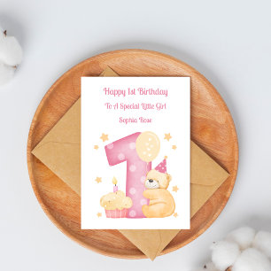 1st Birthday Polka Dot Teddy Birthday Girl Card