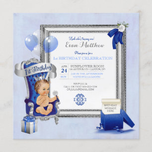 1st Birthday Prince Boy Royal Blue Silver Photo Invitation