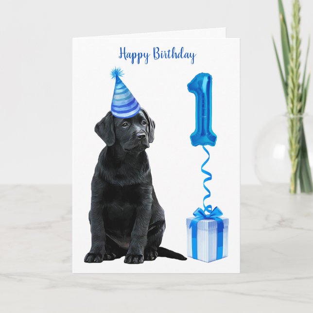 1st Birthday Puppy Theme- Cute Dog Blue Boy Pawty Card (Front)