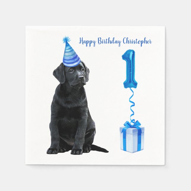 1st Birthday Puppy Theme- Cute Dog Blue Boy Pawty Napkin (Front)