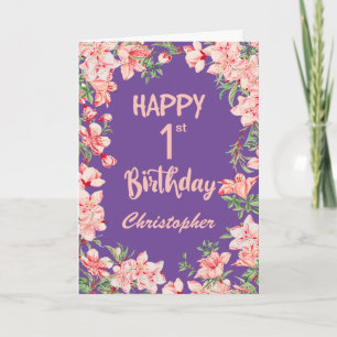 1st Birthday Purple Pink Peach Watercolor Floral Card