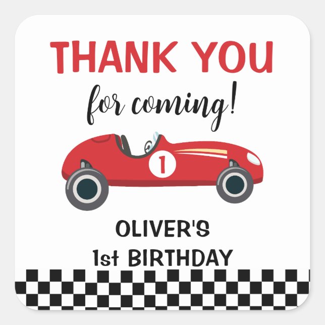 1st Birthday Racing Car Thank You Square Sticker (Front)