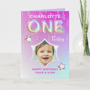 1st Birthday  Rainbow Glitter Photo Happy Birthday Card