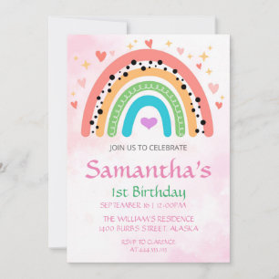 1st Birthday Rainbow Hearts Girly  Invitation