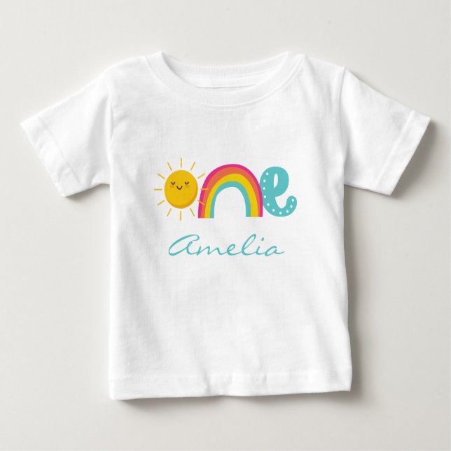 1st Birthday Rainbow Sun White Personalised Baby T-Shirt (Front)