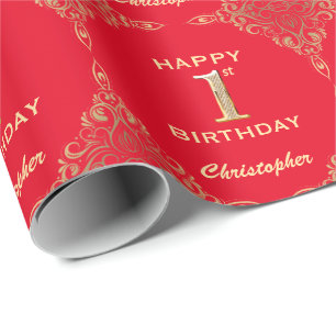 1st Birthday Red and Gold Glitter Frame Wrapping Paper