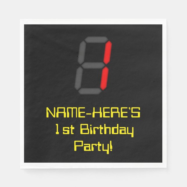 1st Birthday: Red Digital Clock Style "1" + Name Napkin (Front)