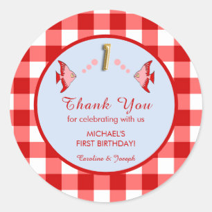 1st Birthday Red Gingham Fish Thank You Classic Round Sticker