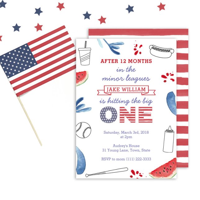 1st Birthday Red White Blue Baseball Party Invitation (Patriotic Baseball theme 1st birthday invitation)