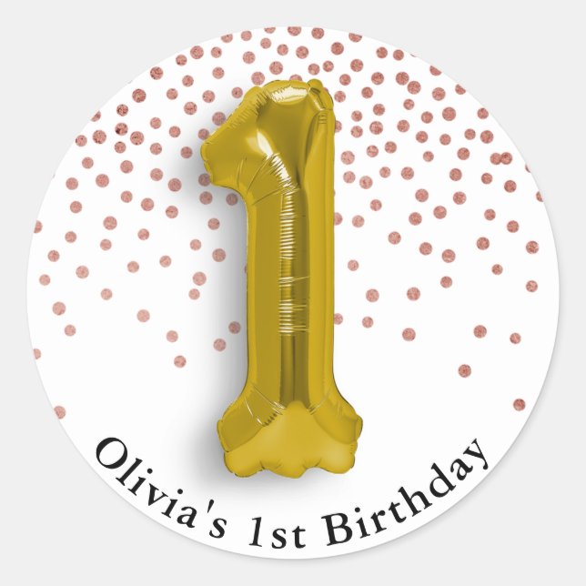 1st Birthday Rose Confetti & Gold Number Balloon Classic Round Sticker (Front)