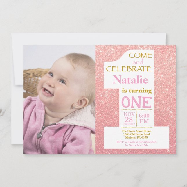 1st Birthday Rose Gold Glitter and Pink Photo Invitation (Front)